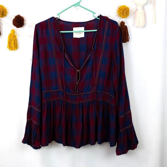 Thread & Supply Red Blue Plaid Bell Sleeve V-Neck Blouse Size Large - Picture 1 of 5